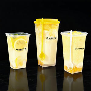 أكواب شاي الفقاعات البلاستيكية المربعة كبيرة الحجم من LOKYO بشعار مخصص، أكواب عصير سموثي للاستخدام مرة واحدة سعة 12 أونصة و16 أونصة مع غطاء - Product Image 2