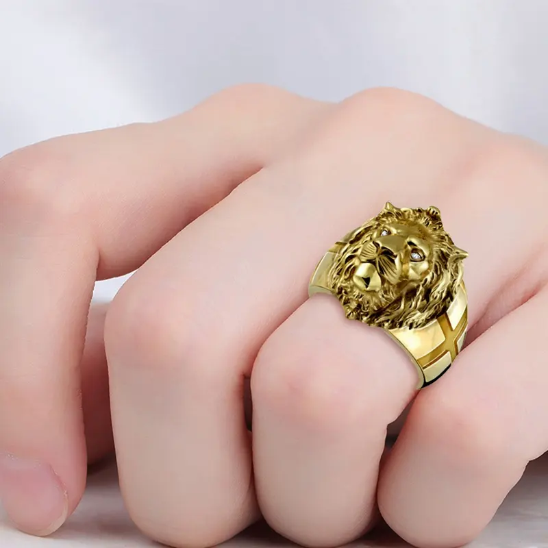 Domineering Fashion Golden Lion Head Stainless Steel Cool Boy Band Party Lion Ring Unisex Jewelry