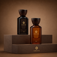 Flacon de parfum vide en ambre de 50 ml, structure à double paroi unique, bouchon en bois, impression personnalisée de la marque, vente en gros