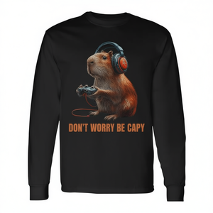 Camiseta de manga larga Capybara Don't Worry Be Capy, cuello redondo unisex, impresión digital, deportes y juegos para adultos - Product Image 2