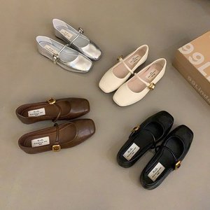 Korean Retro Style One-Strap Loafers Women's Summer <strong>Silver</strong> Mary Jane <strong>Flats</strong> Small Leather Shoes French Versatile Versatile Design - Product Image 1