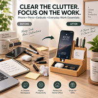 Organisateur de bureau compact en bambou de luxe moderne, support de téléphone, porte-stylos, plateau à accessoires, gestion des câbles, écologique, pour la maison et le bureau, OEM
