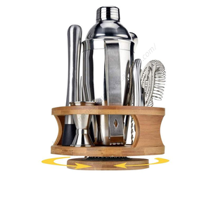 Vente en gros DD1043 Mélangeur de boissons rotatif avec support rond en bois, outils de bar, kit de mixologie en acier inoxydable, ensemble de shaker à cocktails - Product Image 1