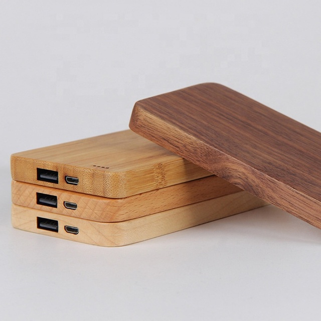 New Designer Style Slim Wooden Custom Logo Bamboo Maple Walnut Power Station 8000mAh Micro-USB 10W Wooden Power Bank