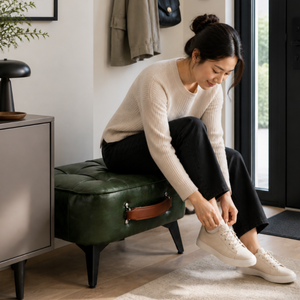Contemporary Small Oil Wax Leather Fabric <strong>Bedroom</strong> Apartment <strong>Stool</strong> Ottoman Sofa Footrest Buckle Technology Shoe Changing <strong>Stool</strong> - Product Image 6