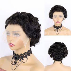 Perruques de cheveux humains courts bouclés coupe <span class=keywords><strong>Pixie</strong></span> pour femmes perruque Bob frontale en dentelle transparente à vague profonde <span class=keywords><strong>coiffure</strong></span> polyvalente à l'aspect naturel - Product Image 1