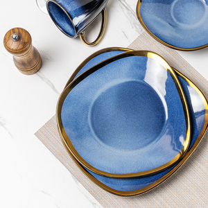 Plato plano de porcelana para comida, vajilla de diseño, juego de cena de cerámica, cerámica de estilo japonés, nuevo ojo de gato, fiesta clásica azul redonda - Product Image 5