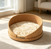 Lit pour chat semi-fermé à toit ouvert en liège naturel, motif uni, coussin en peluche amovible et lavable, écologique, chaud, pour usage intérieur