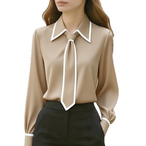 Blus sifon lengan panjang wanita, blus sifon lengan panjang dekorasi dasi kupu-kupu kontras bergaya kantor terlaris - Product Image 5