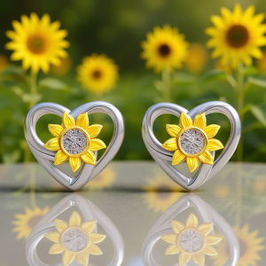 Orecchini a perno a forma di cuore di girasole bicolore placcati oro 18K con zirconi taglio brillante rotondo incastonati a castone, gioielli regalo romantici da donna - Product Image 2