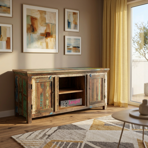 Mueble para TV de Madera Reciclada con Acabado Teal Envejecido, Mueble para Televisor Hecho a Mano con Dos Puertas y Estante Abierto, para Dormitorio de Hotel - Product Image 2