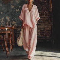 Mode V-hals Korte mouwen Losse top Damespak Zomer Nieuwe Casual Retro Vrouwelijke Vakantie Luie broek 2-delige set