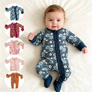 Vêtements pour enfants personnalisés, imprimé floral, 95% coton, 5% élasthanne, pyjamas à fermeture éclair pour bébé, vêtements pour nouveau-né, frère, sœur - Product Image 1