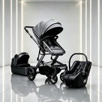 Poussette Bébé Multifonctionnelle en Alliage d'Aluminium 3-en-1, Position Assise et Allongée, Rotation à 360 Degrés, Amortisseur, Pliable, 15 kg