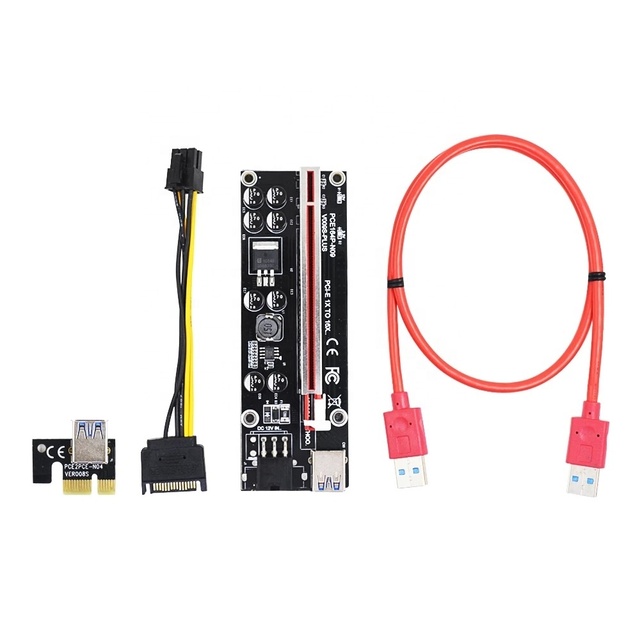 Black PCIE PCI Riser Card VER 009S Plus 6 Pin With LED Lights USB 3.0 1X to 16X C-002