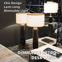 Lampe de bureau à intensité variable au design rétro postmoderne, base en pierre de travertin massif, abat-jour en tissu noir pour salon, salle de séjour, LED