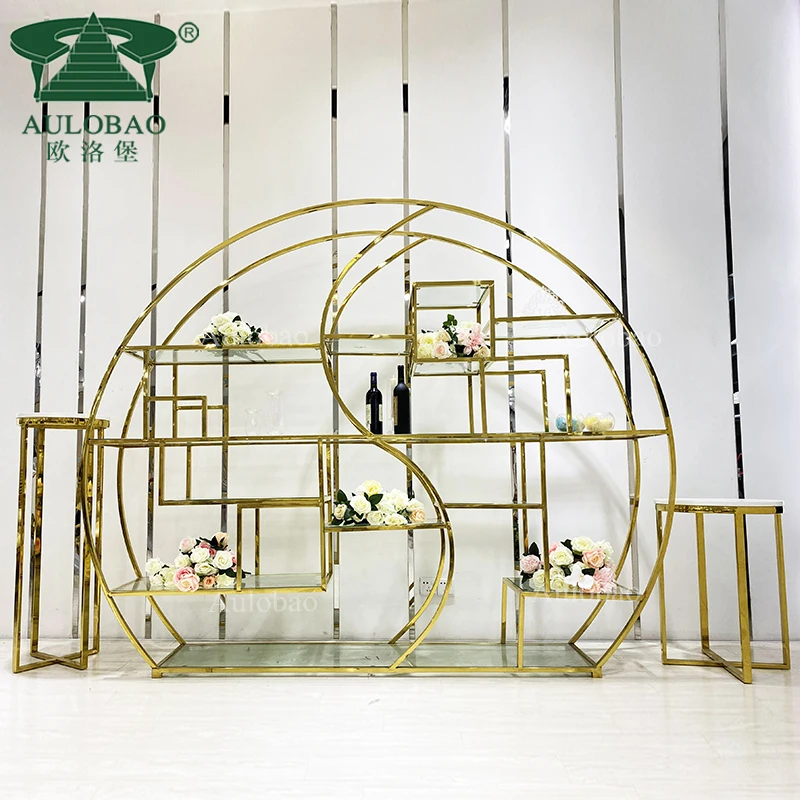 Modern huge gold stainless steel frame tempered glass top bar shelf for event