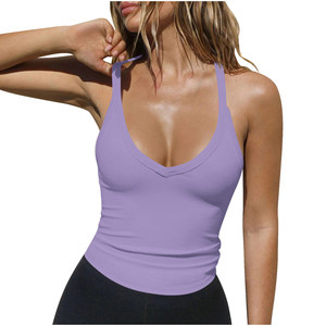 Débardeur Cami Col V Femme en Gros avec Logo Frontal Tricoté Coupe Slim Décontracté Été Polyester - Product Image 1