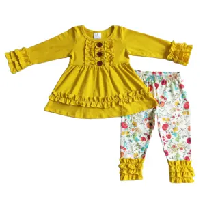 High quality RTS wholesale boutique girls yellow clothes kids baby floral sets toddler fall ruffle outfit