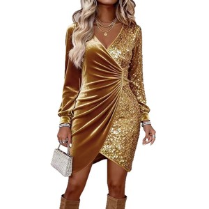 Robe moulante mi-longue à sequins pour femme, col en V, manches longues, grande taille, pour soirée glamour, idéale pour le dropshipping Shopify - Product Image 1