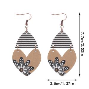 Pendientes de madera Pendientes colgantes de costura de rayas de flores en forma de corazón para mujer Uionen 1188 - Product Image 4