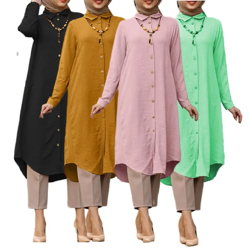 D230021 baju Muslim Abaya wanita gaun lengan panjang kancing penutup A-line gaun Midi pakaian atas untuk Dubai Arab