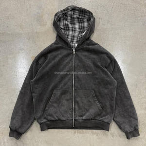 เสื้อฮู้ดดี้ผ้าฝ้ายลายสก็อตแบบซิปคู่ ดีไซน์ทำสีซีดแบบวินเทจ สไตล์สตรีทแวร์สำหรับผู้ชาย คุณภาพสูง ขายส่ง - Product Image 3