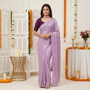 AARA Fashion Elegante Sari de Seda Morado con Bordado Dorado, Protección Solar, para Bodas y Eventos, Largo hasta el Suelo, Corte Regular, India - Product Image 1