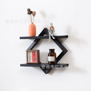 Custom Wooden Wall <b>Shelves</b> Geometric Charcoal Black 2 Tier Multipurpose Display <b>Rack</b> For Home Decor Living Room - Product Image 1