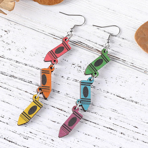 Boucles d'oreilles en bois cadeau de fête des enseignants Double face pendentif boucles d'oreilles arc-en-ciel Crayons pour femmes Uionen 921 - Product Image 2