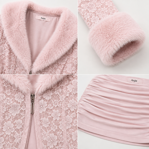 Anjie – Ensemble veste courte en fausse fourrure et mini-jupe pour femme, personnalisable OEM/ODM, marque privée, vente en gros, fabricant pour fêtes - Product Image 2