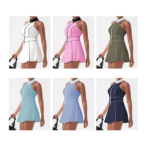 Gaun tenis wanita, pakaian Yoga wanita ritsleting penuh, pakaian Gym kustom kerah berdiri warna kontras dengan celana pendek - Product Image 6
