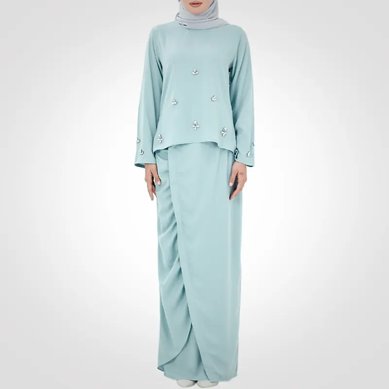 SIPO Baju Raya Lebaran Malaysia Muslimah pembuka belakang Perempuan manik-manik Solid Baju Kurung Modern