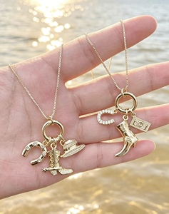 18K Gold Plated Cowboy Charm Pendant Necklace Micro Pave CZ Horseshoe Boot Hat <b>Chain</b> Jewelry for Women Charm Necklace - Product Image 2