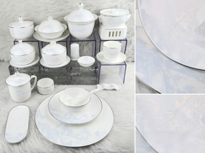 Service de table de luxe en porcelaine fine 45% de haute qualité, bleu clair, motif paysage pavillon en relief, bordure argentée, pour hôtels et mariages - Product Image 2