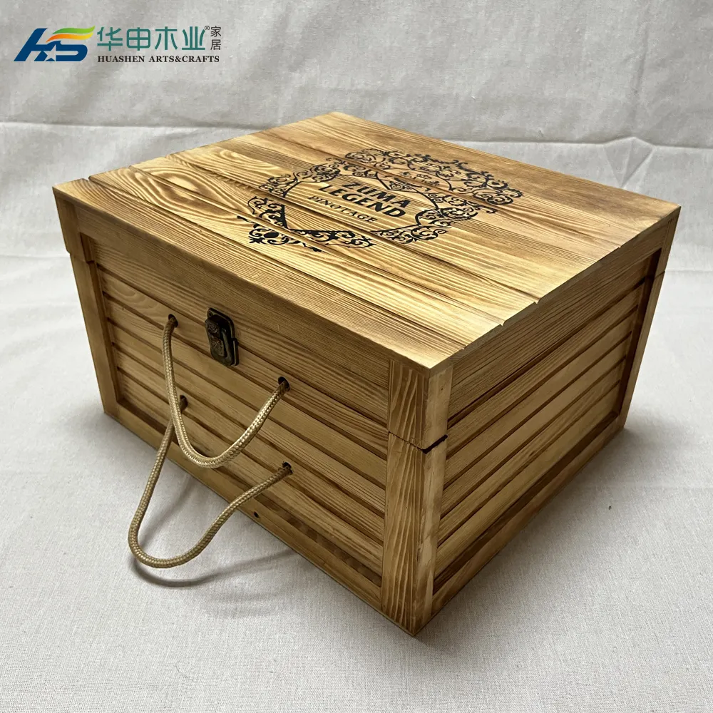 Caja de vino de madera de pino para 6 botellas, caja de regalo para botella de vino de madera, caja para maletero y caja, cajas de madera con tapa con bisagras