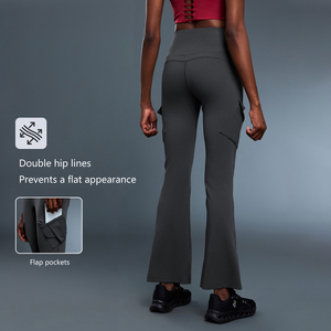 Logo personnalisé Leggings de yoga taille haute pour l'abdomen Pantalon évasé extensible en gelée avec poche bout à bout Tissu tricoté pour l'été - Product Image 3