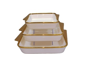 Teglia da Forno Rettangolare <span class=keywords><strong>in</strong></span> Ceramica Bianca Placcata Oro con Rilievo, Piatto da Forno <span class=keywords><strong>in</strong></span> <span class=keywords><strong>Porcellana</strong></span> per Uso Domestico con Manico - Product Image 1