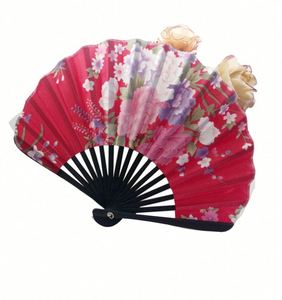 Éventail pliant rond personnalisé à motifs floraux, en tissu chinois et japonais, artisanat en bambou, avec sacs cadeaux pour mariages et fêtes - Product Image 5