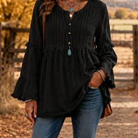 Chemisier ample à manches longues et col en V pour femme, style bohème, avec volants et franges, tunique décontractée, chemise Henley, vente en gros pour les détaillants de marques