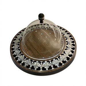 MOP And Wood Dessert <b>Server</b> With Acrylic Dome Customized Size Round Shape Cake <b>Server</b> With Dome For Sale - Product Image 1