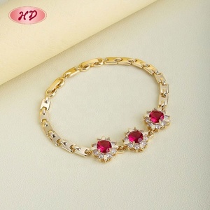 Pulsera de Flor con Circonita Roja y Baño de Oro de 18K, Venta al por Mayor de Fábrica Hengdian, para Mujer, Joyería para Fiesta y Boda, Aretes de Oro - Product Image 6