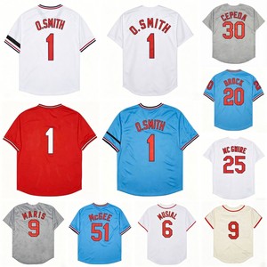 Maillots de baseball vintage pour hommes, style cousu, 1 Ozzie <span class=keywords><strong>Smith</strong></span>, 6 <span class=keywords><strong>Stan</strong></span>, 9 Roger Maris, 20 Lou Brock, 45 Bob Gibson, tailles S-3XL - Product Image 1