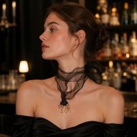Collier Écharpe Léopard de Luxe pour Femme, Ruban en Organza Transparent Noir, Pendentif Guépard 3D Doré, Bijou Tendance Élégant, Cadeau Idéal