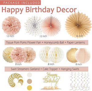 Globos Crema, Pancarta Feliz <span class=keywords><strong>Cumpleaños</strong></span>, Faroles <span class=keywords><strong>de</strong></span> Papel Color Durazno, Pompones <span class=keywords><strong>de</strong></span> Papel, Abanico, Decoraciones <span class=keywords><strong>de</strong></span> <span class=keywords><strong>Cumpleaños</strong></span> en Color Champán Dorado y Beige <span class=keywords><strong>para</strong></span> Mujeres y Niñas - Product Image 2