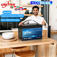 Batterie LiFePO4 à semi-conducteurs Stock Ubetter 25,6 V 50 Ah CE pour recharge solaire, usage extérieur, bateaux, pêche, voiturettes de golf