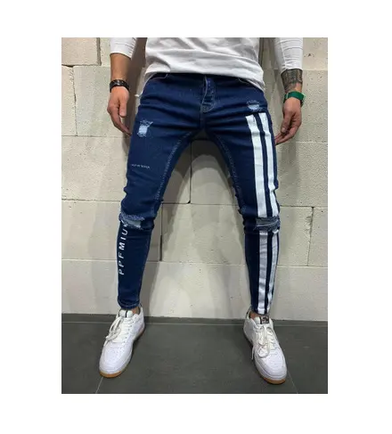 Mannen Custom Jeans Streetwear Slim Fit Bloemenprint Stretch Vernietigd Ripped Skinny Side Gestreepte Enkel Rits Denim Potlood Broek