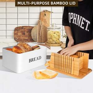 Recipiente de almacenamiento de pan de metal con tapa de tabla de cortar Caja de pan con rebanador de pan de Bambú - Product Image 6