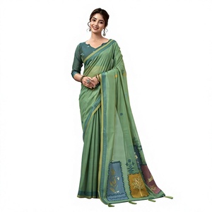 Women Green Cotton <b>Saree</b> With Floral Embroidery Traditional Indian Casual Wear Floor Length Regular Fit - Product Image 1