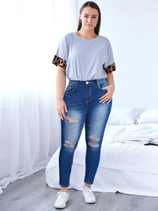 Talla grande azul oscuro elástico de cintura media pies rasgados mallas largas lápiz pantalones vaqueros de mezclilla buena calidad Venta caliente Casual Skinny - Product Image 2